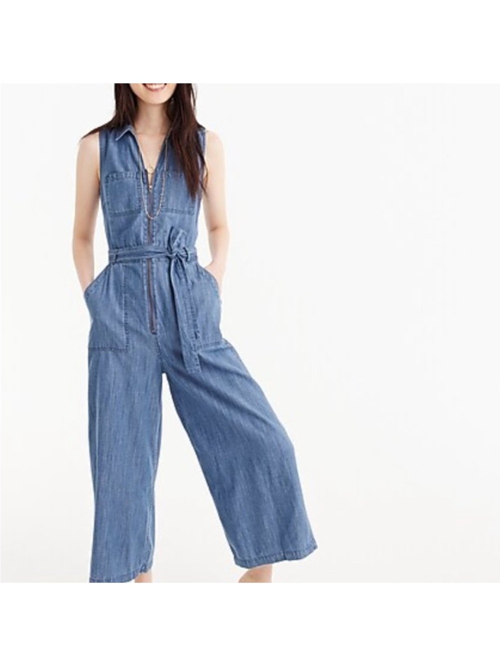 J. Crew Sleeveless Light Blue Denim Jumpsuit with Tie Belt, 10
